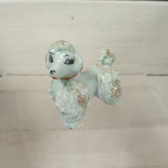 Vintage Blue Porcelain Spaghetti Poodle Figurine 2" Dog Gold Trim Collar Japan - Picture 1 of 10